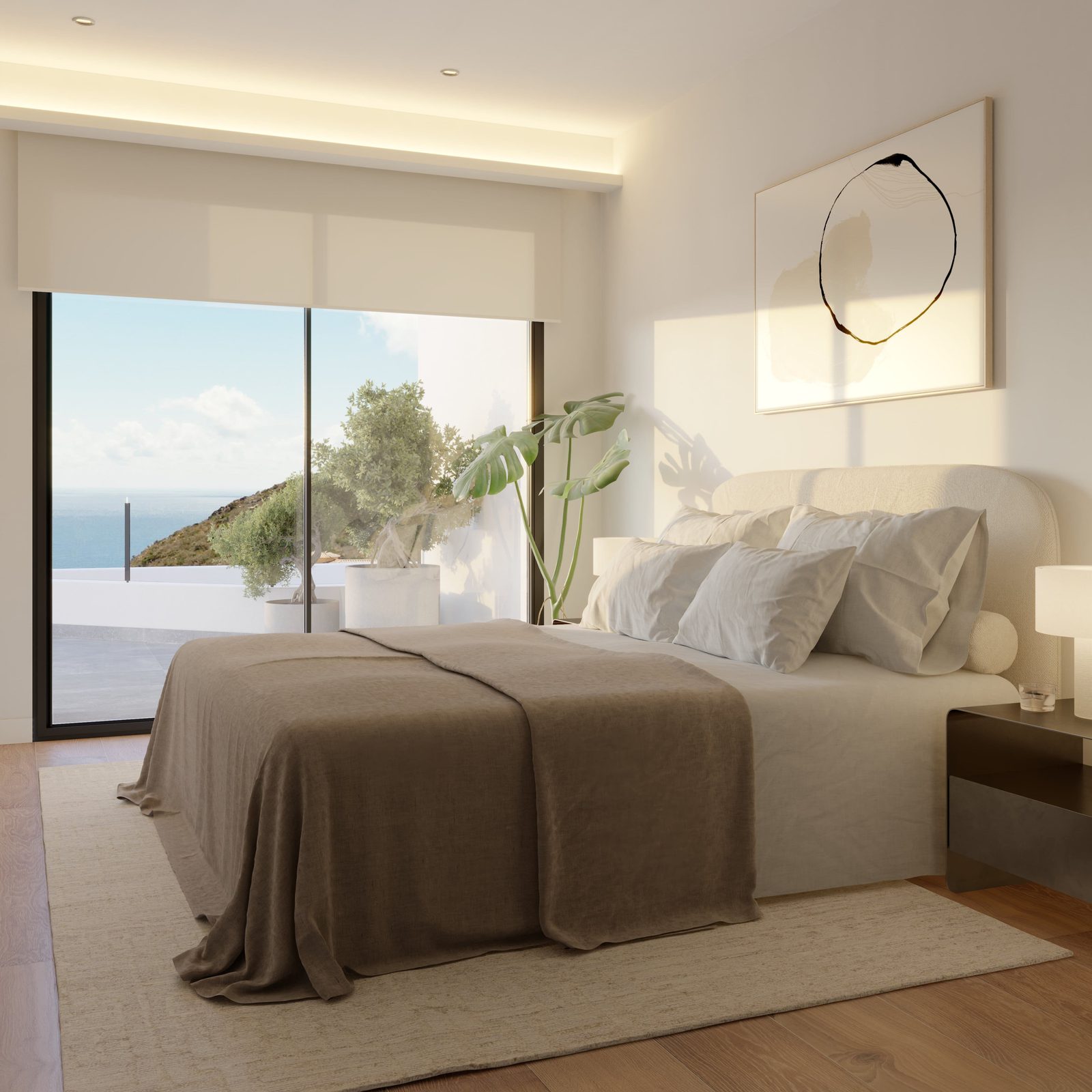 A bright bedroom with a view of lush greenery and the sea in a 3-bedroom apartment in Benitachell - The Estates