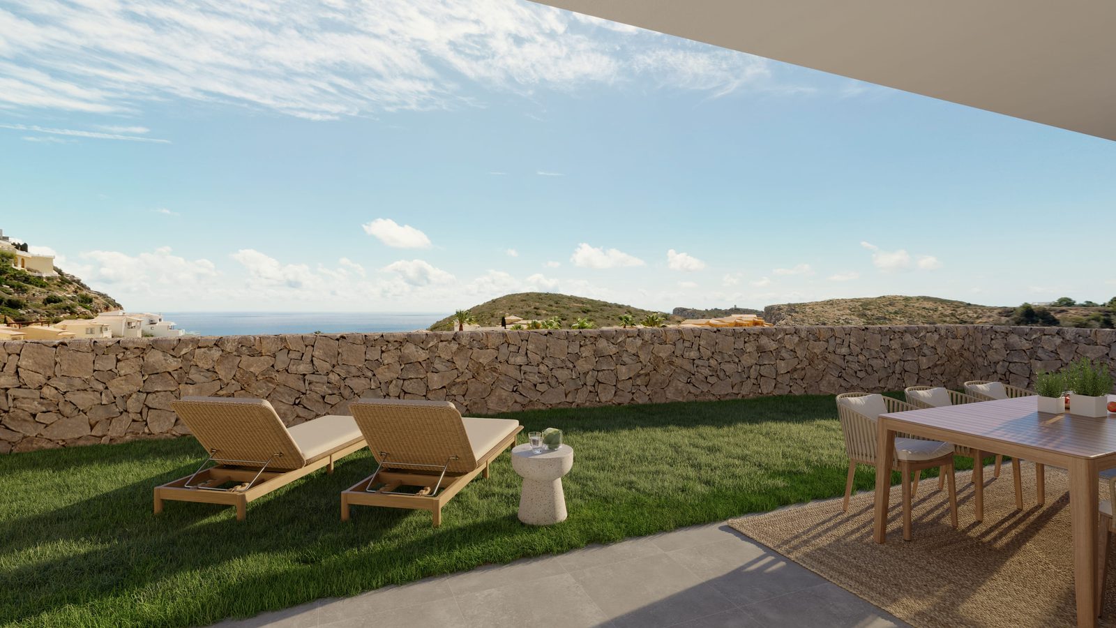 Outdoor lounge area with sea views of a 3-bedroom apartment in Benitachell - The Estates