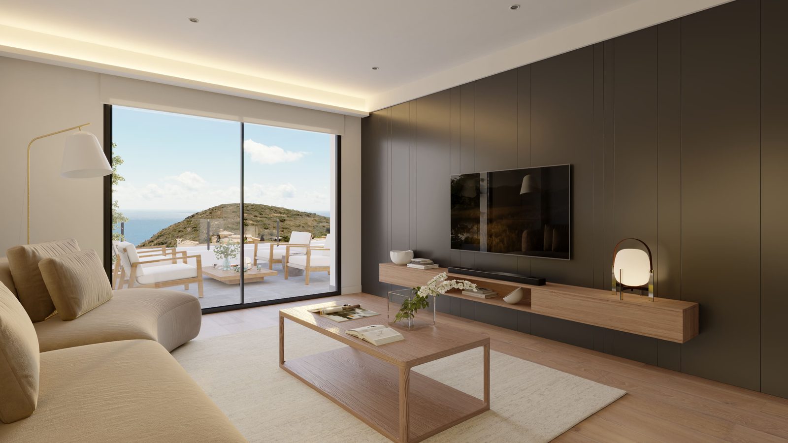 Stylish living room with stunning sea views in a 3-bedroom apartment in Benitachell - The Estates