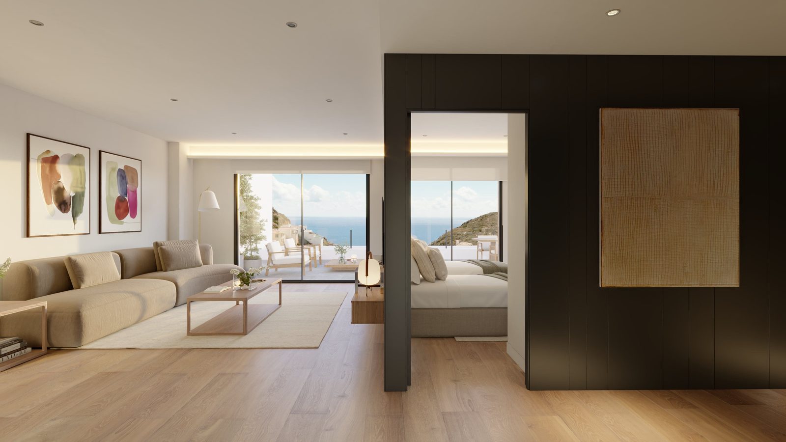 Stylish living room with sea views inside a 3-bedroom apartment in Benitachell - The Estates