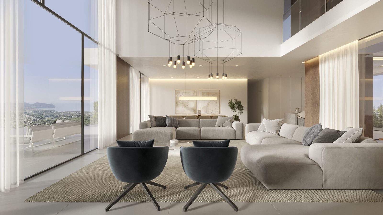 Contemporary living room with panoramic sea views in a 4-bedroom villa in Moraira - The Estates