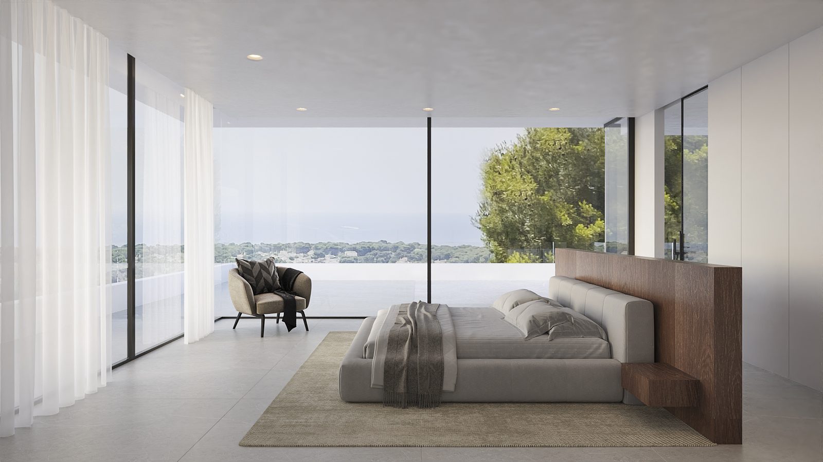 Modern bedroom with panoramic sea views in a 4-bedroom villa in Moraira - The Estates