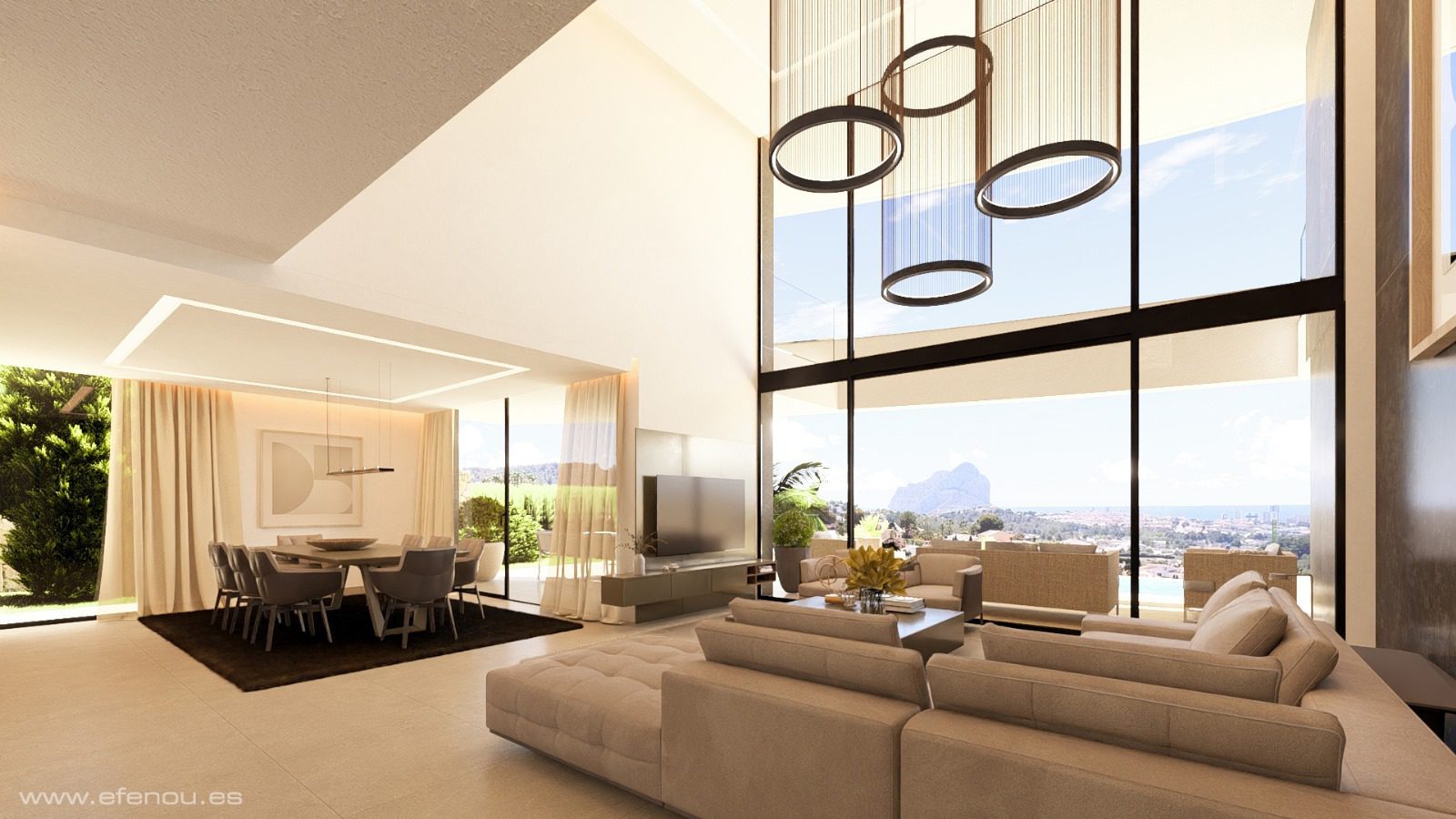 Open-plan living and dining room with sea and mountain views of a 4-bedroom villa in Calpe - The Estates