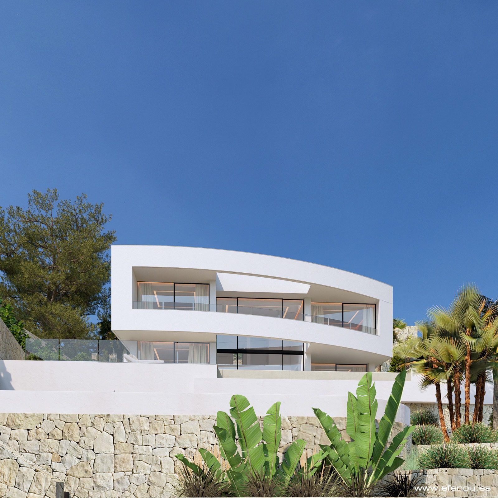 Modern white villa exterior with curved terraces and tropical landscaping in Empedrola, Calpe - The Estates