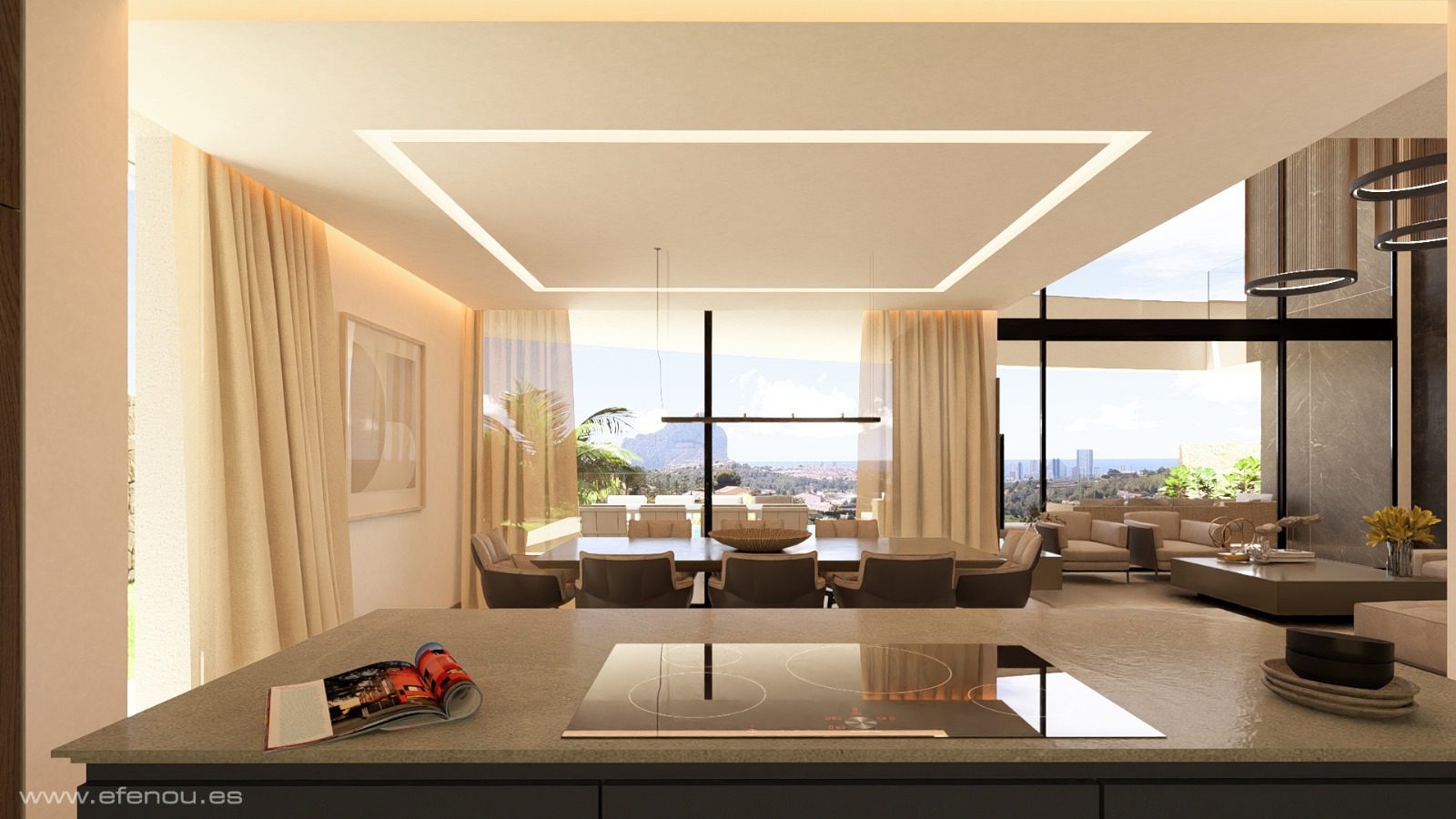 Modern open-plan kitchen, dining and living area with sea views of a 4-bedroom villa in Calpe - The Estates