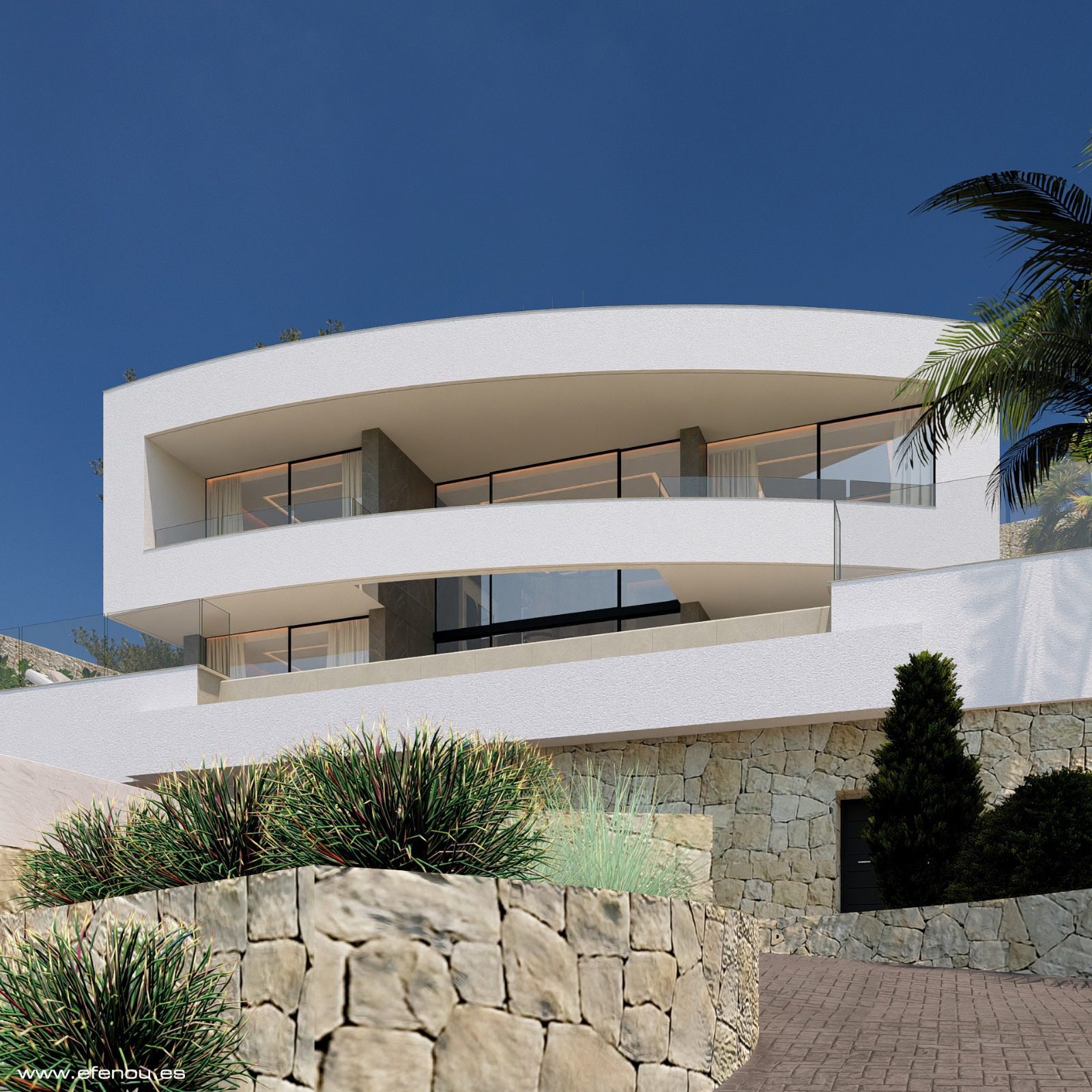 Modern white exterior with curved balconies, glass railings, stone walls and landscaped gardens of a 4-bedroom villa in Calpe - The Estates