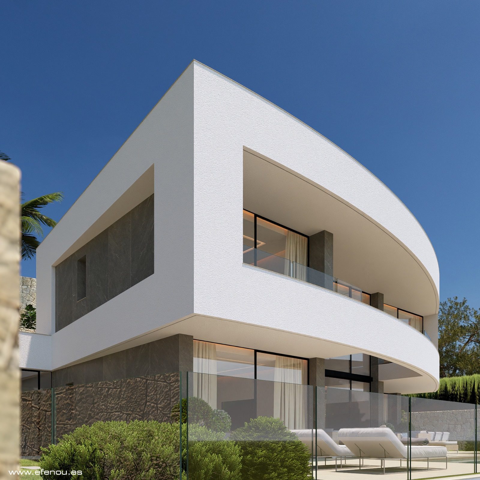 Modern white villa exterior with curved balconies, glass railings and sun loungers of a 4-bedroom villa in Calpe - The Estates