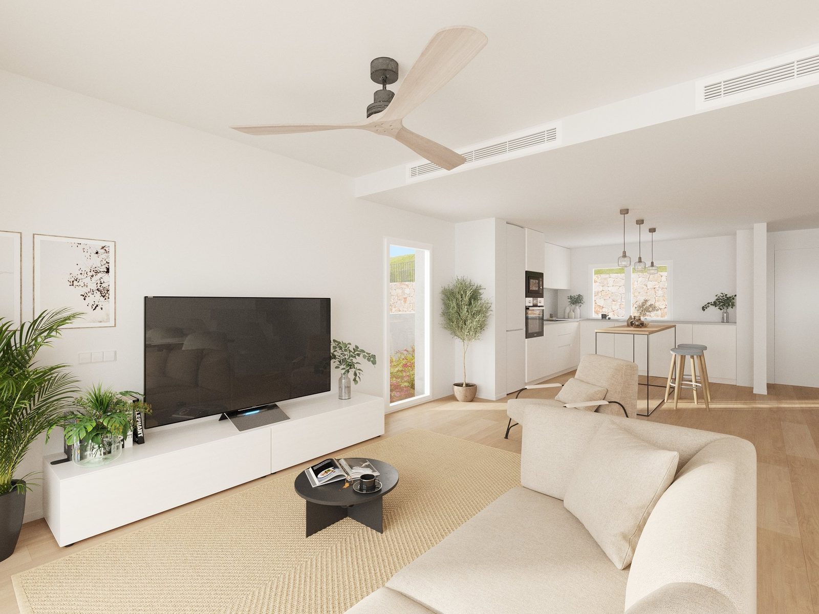 Stylish living room with modern kitchen in a 3-bedroom townhouse in Finestrat - The Estates