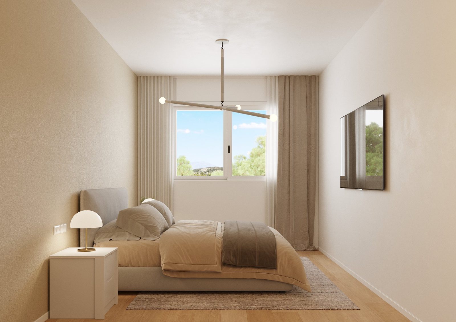 A bright bedroom with a view of a garden in a 3-bedroom townhouse in Finestrat - The Estates
