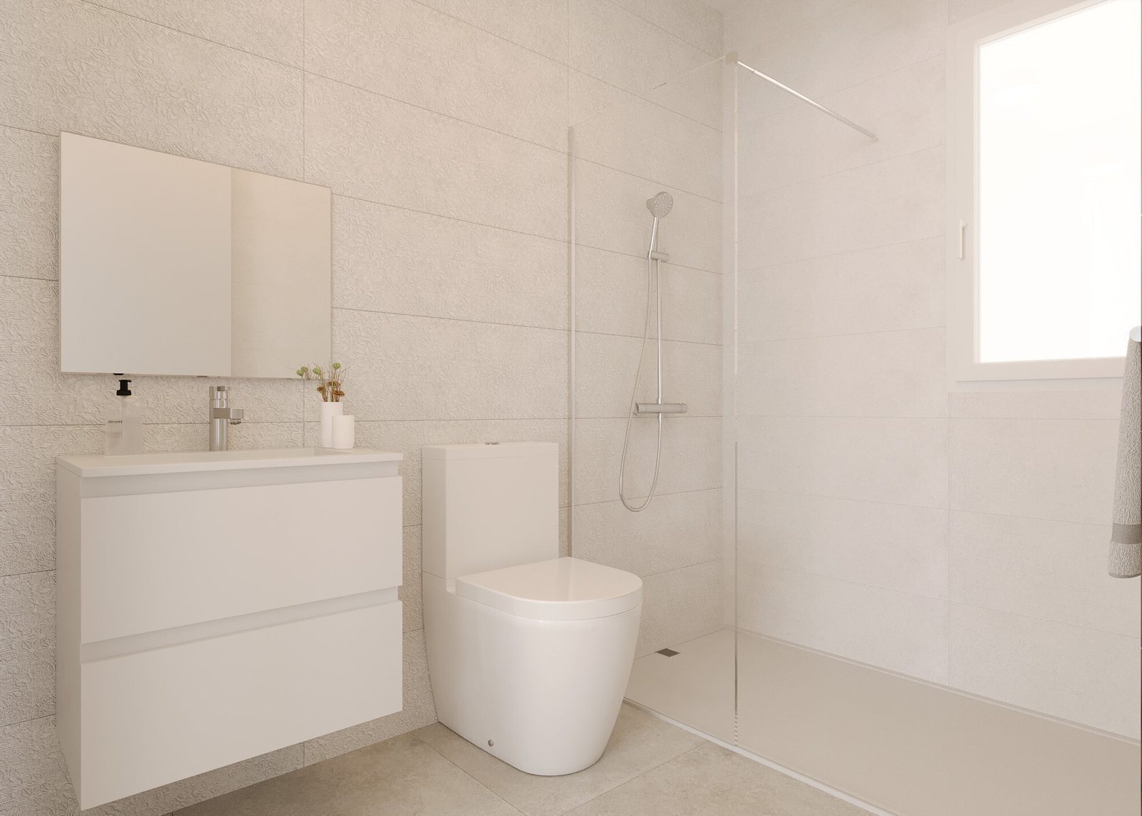A modern bathroom with a shower, sink, and toilet in a 3-bedroom townhouse in Finestrat - The Estates