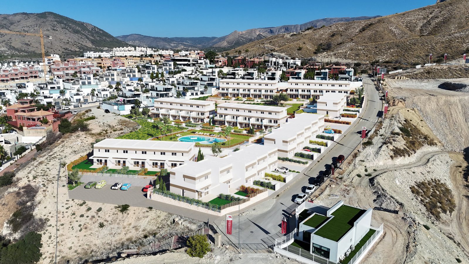 Panoramic view of a 3-bedroom townhouse complex with mountain views in Finestrat - The Estates