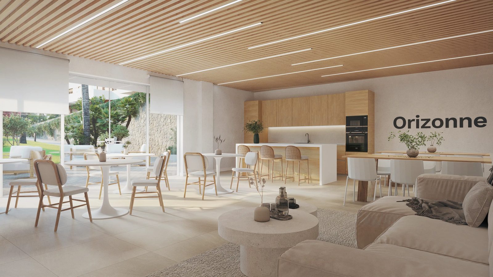 A modern kitchen and living area with light wood accents in a 4-bedroom penthouse in Villajoyosa - The Estates