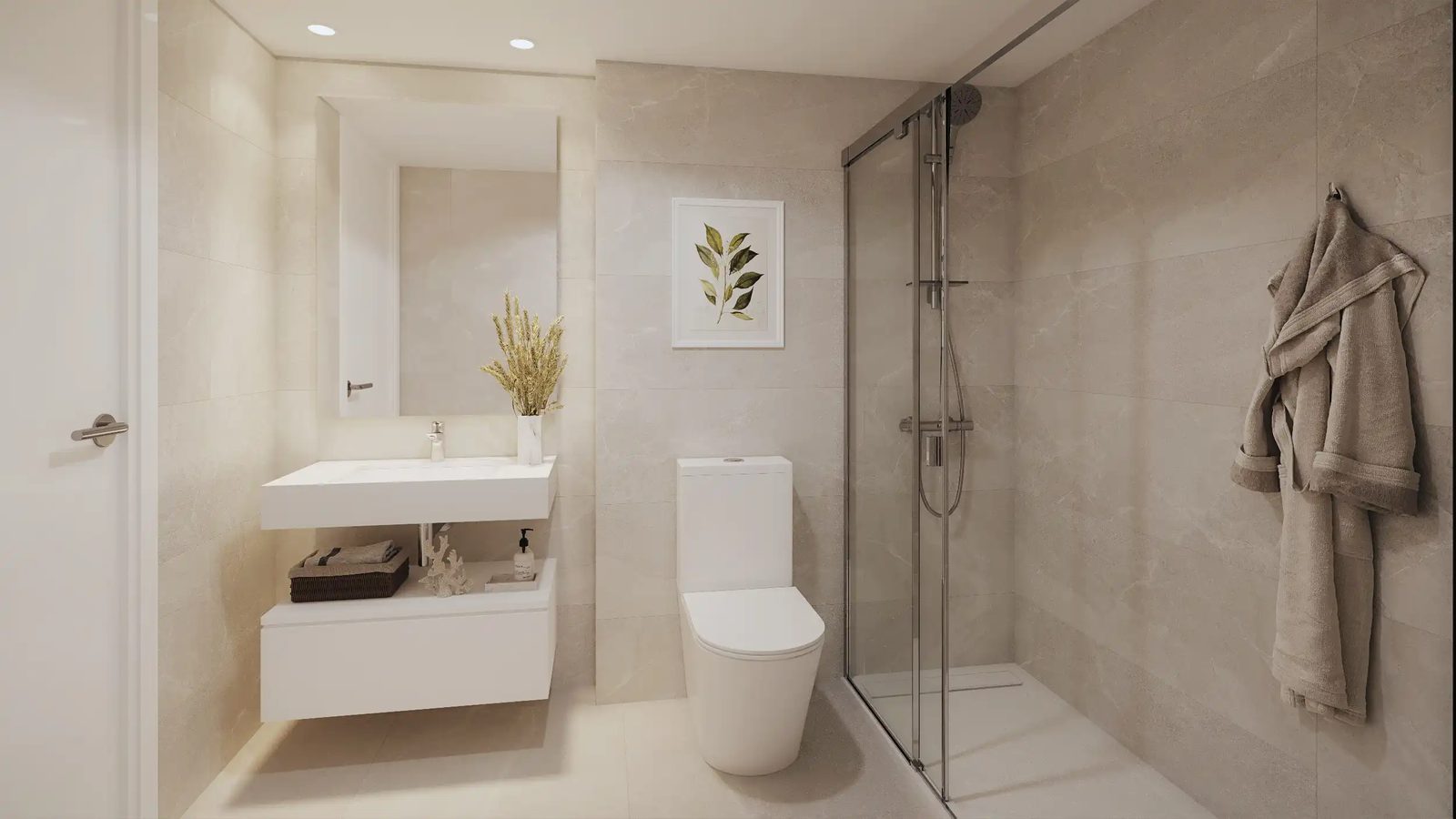 A modern bathroom with a walk-in shower in a 4-bedroom penthouse in Villajoyosa - The Estates