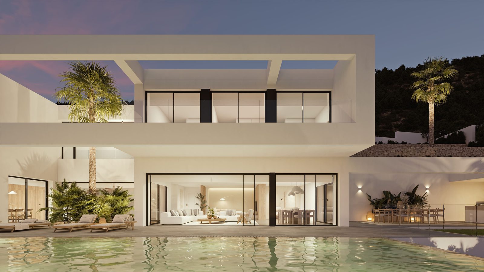 Modern villa exterior with pool and lush greenery in Raco de Galeno, Benissa - The Estates