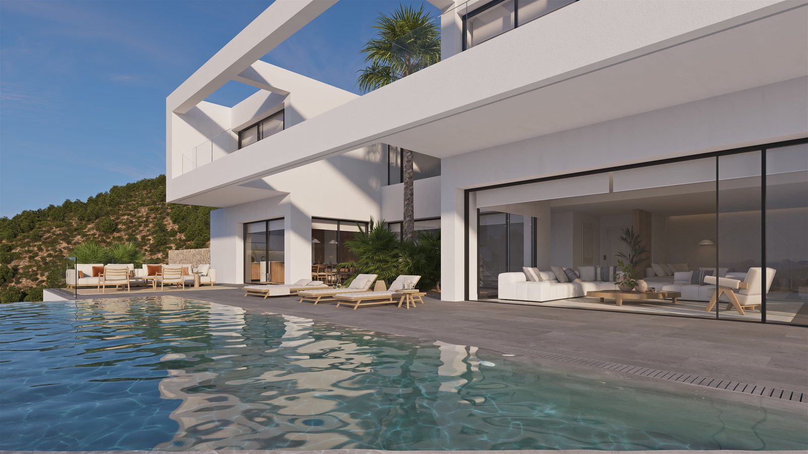 Modern villa exterior with pool and mountain views of a 4-bedroom villa in Benissa - The Estates