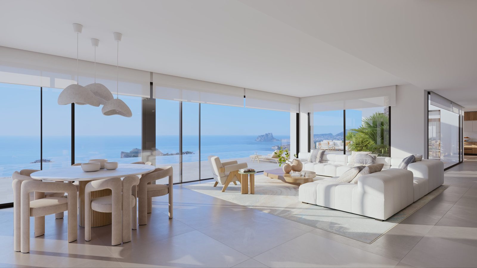 Bright living and dining area with panoramic sea views of a 4-bedroom villa in Benissa - The Estates