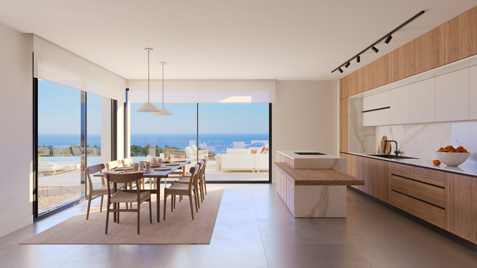 Modern kitchen and dining area with stunning sea views in a 4-bedroom villa in Benissa - The Estates