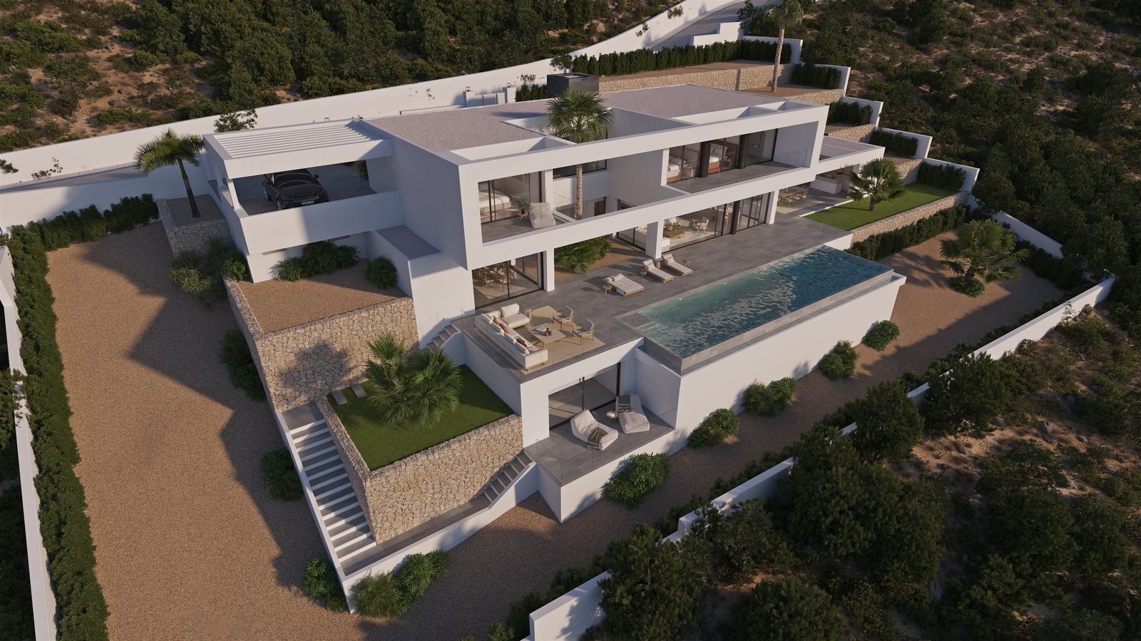 Exterior view of a modern 4-bedroom villa with a pool and stunning sea views in Benissa - The Estates