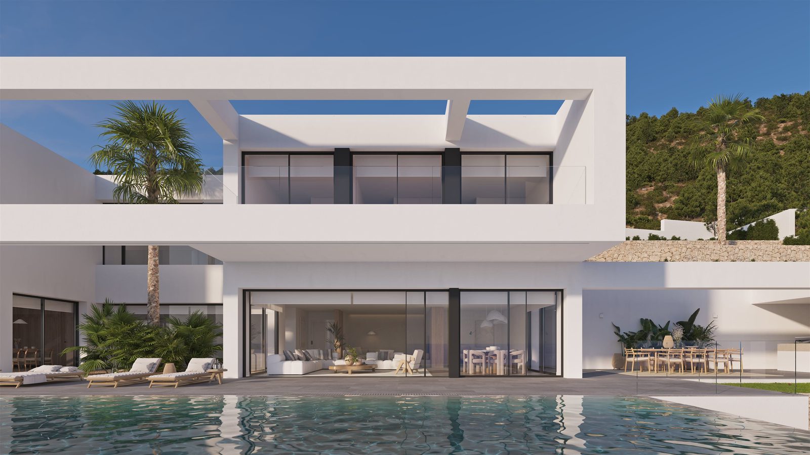 Modern villa exterior with pool and garden views of a 4-bedroom villa in Benissa - The Estates
