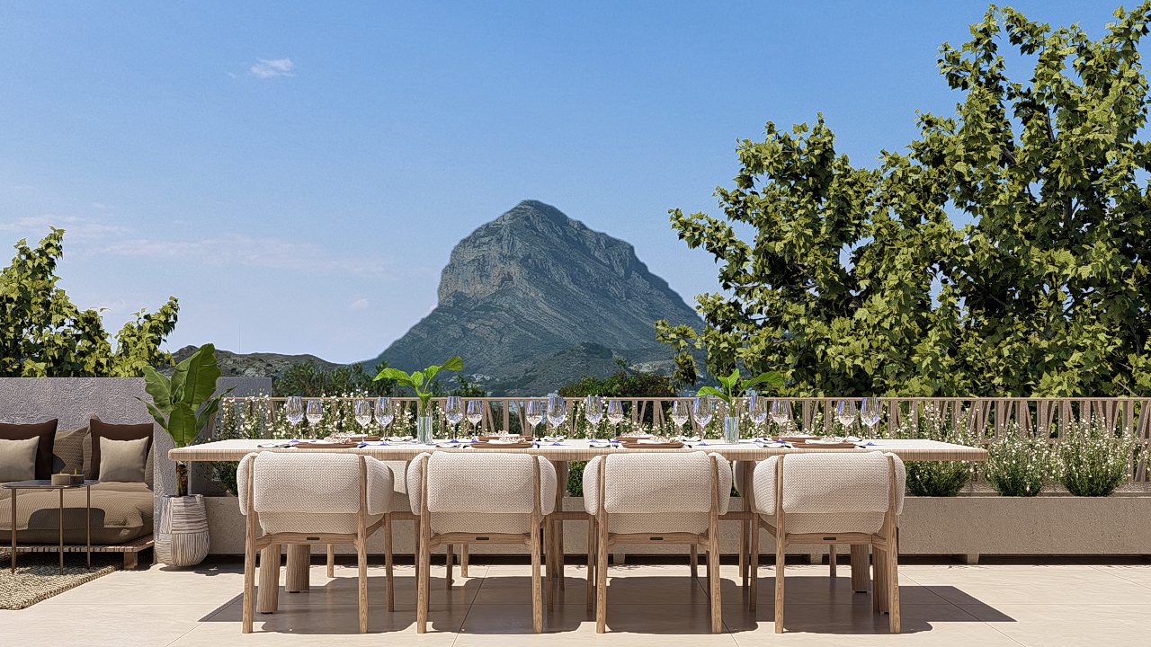 Outdoor dining area with mountain views of a 3-bedroom apartment in Jávea - The Estates