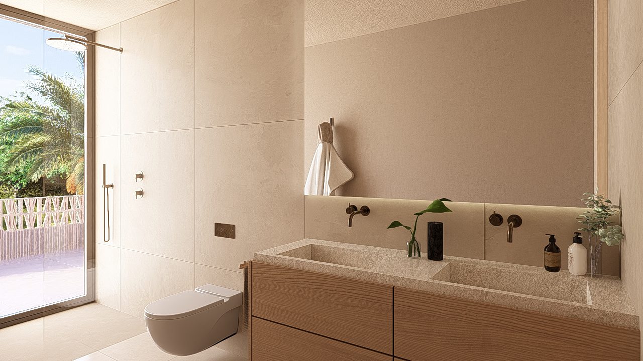 A modern bathroom with a walk-in shower and stylish fixtures in a 3-bedroom apartment in Jávea - The Estates