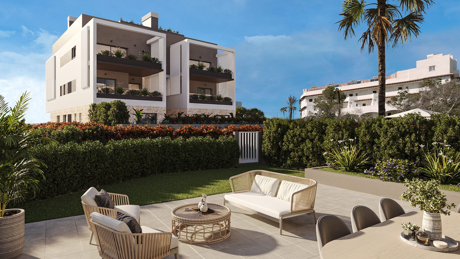 Modern duplex exterior with landscaped garden, patio seating and palm trees in Colonia de Sant Jordi, Mallorca of a 3-bedroom duplex in Colonia de Sant Jordi - The Estates