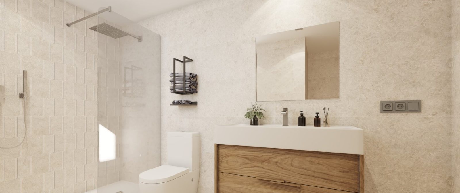Modern bathroom with walk-in shower, wall-mounted toilet and wood vanity in a 2-bedroom apartment in Las Lagunas de Mijas - The Estates