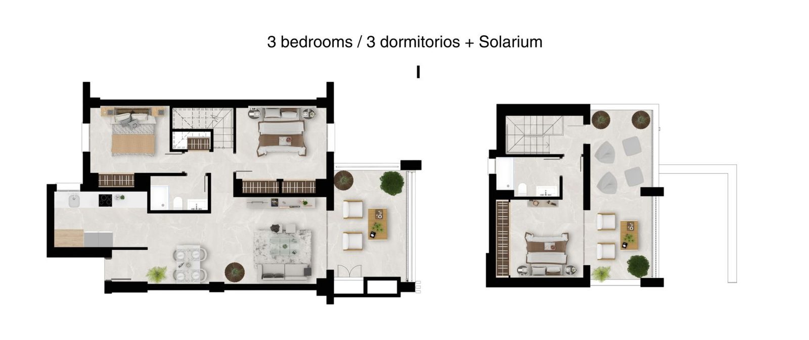 Floor plan showing a 3-bedroom layout with solarium, open-plan living area and terraces of a 2-bedroom apartment in Las Lagunas de Mijas - The Estates