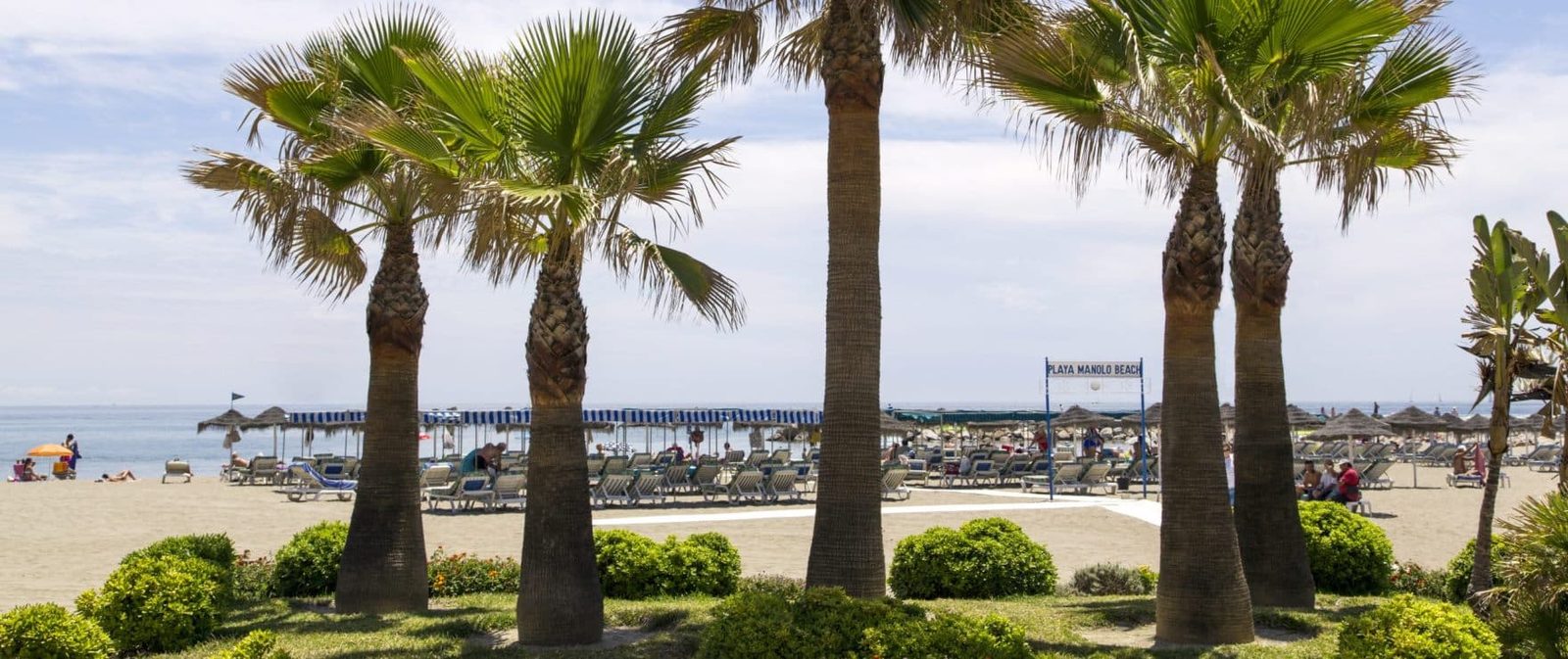 Palm-lined Playa Manolo beach with sun loungers and parasols in Las Lagunas de Mijas - The Estates