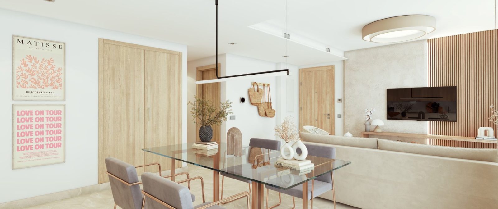 Open-plan living and dining area with glass table, sofa, TV wall and wood cabinetry in a 2-bedroom apartment in Las Lagunas de Mijas - The Estates