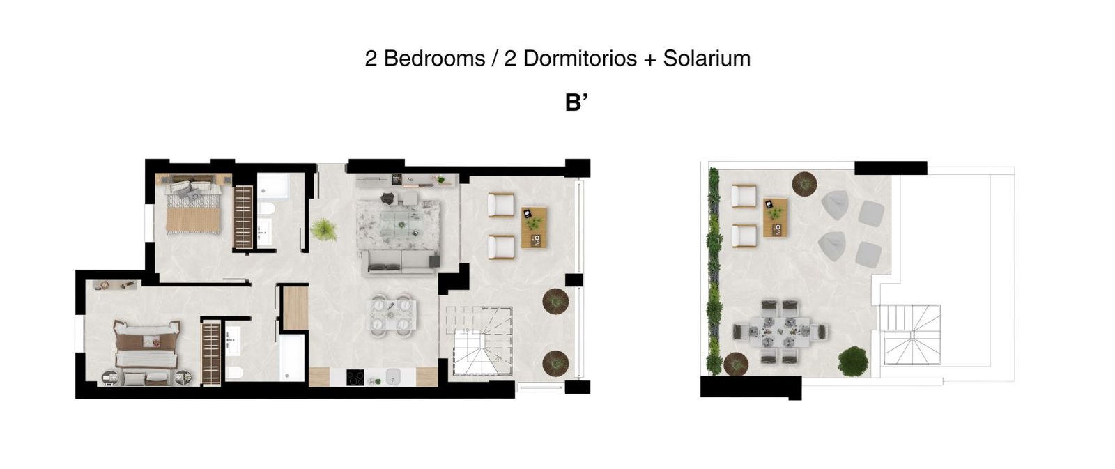 Floor plan and solarium layout of a 2-bedroom apartment in Las Lagunas de Mijas - The Estates