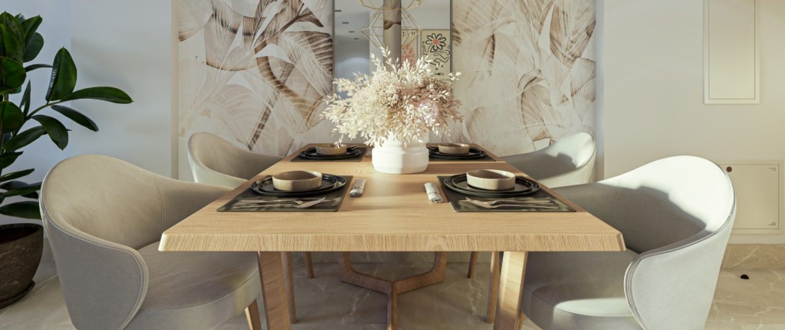 Dining area with a set table, upholstered chairs and botanical wall art in a 2-bedroom apartment