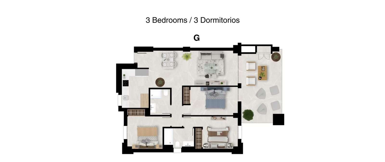 Floor plan of a 2-bedroom apartment with open