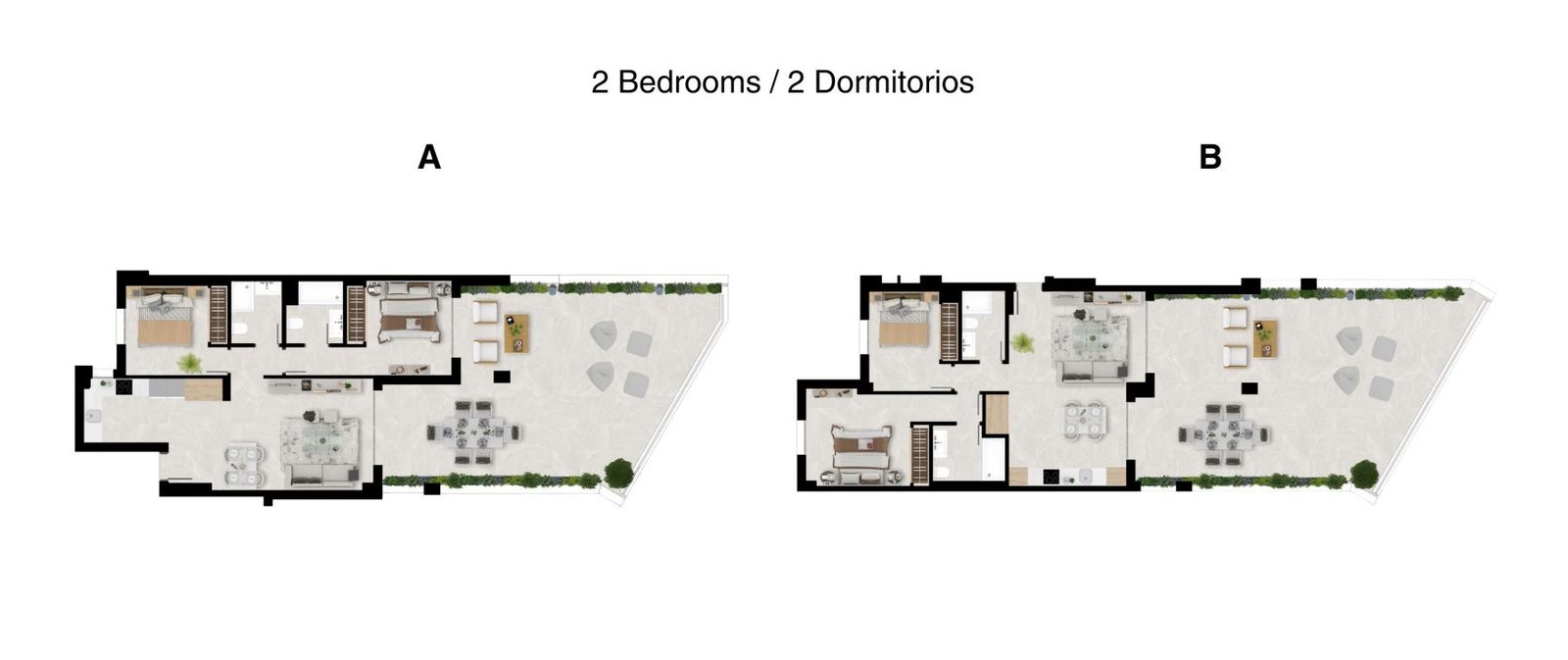 Floor plans showing two 2-bedroom apartment layouts with open-plan living areas and terraces in Las Lagunas de Mijas - The Estates