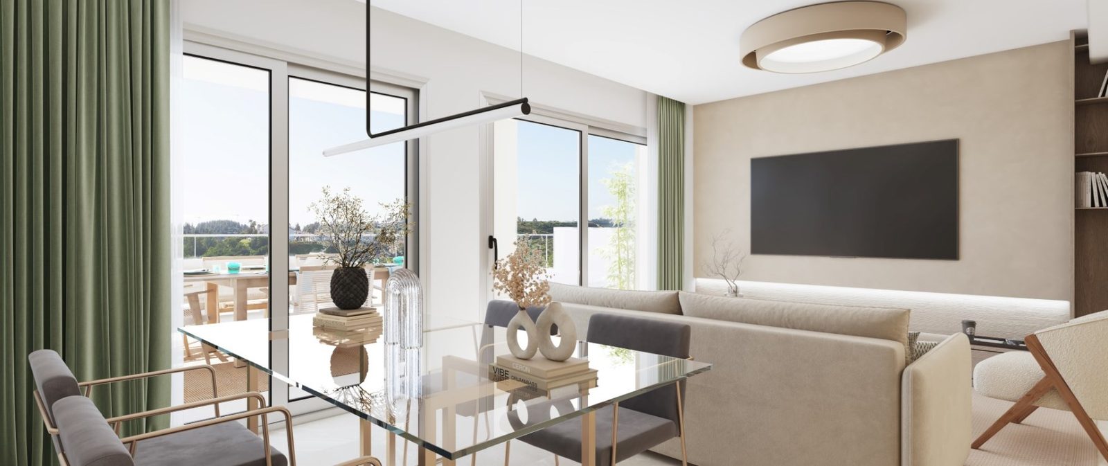 Modern open-plan living and dining room with glass table, sofa, TV wall and balcony access of a 2-bedroom apartment in Las Lagunas de Mijas - The Estates