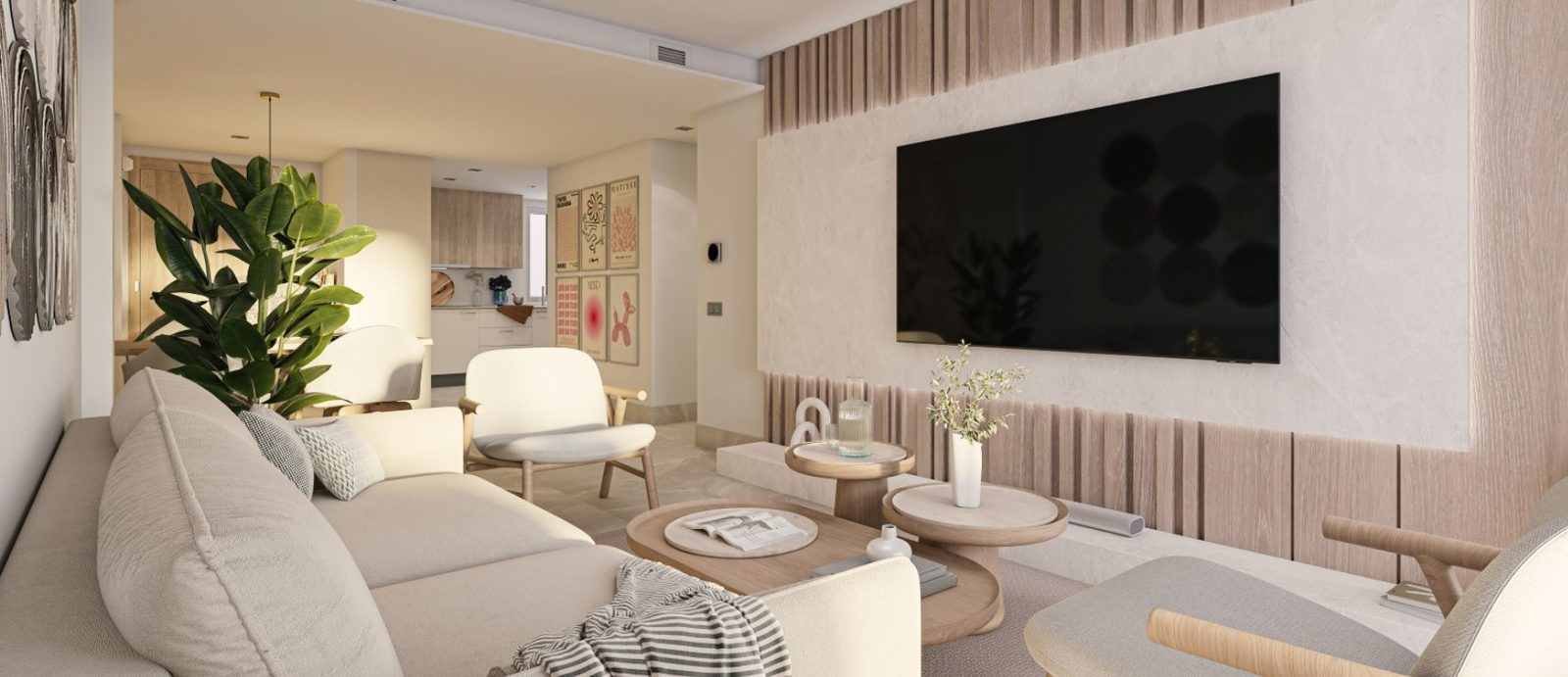 Modern living room and open kitchen of a 2-bedroom apartment in Las Lagunas de Mijas - The Estates