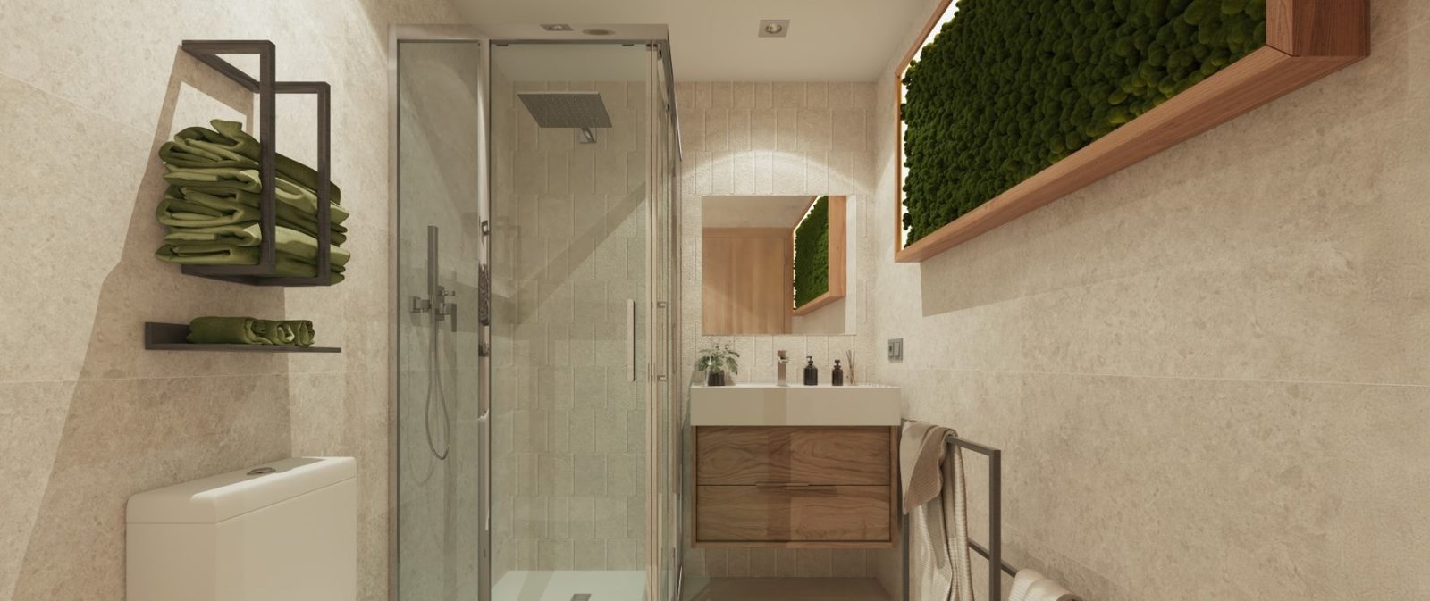 Modern bathroom with walk-in shower, vanity unit and decorative green wall of a 2-bedroom apartment in Las Lagunas de Mijas - The Estates