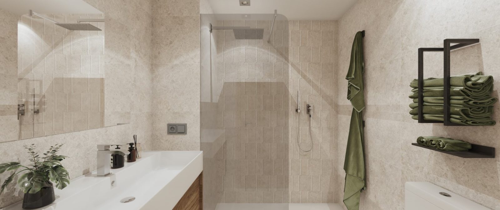 Modern bathroom with a sleek vanity, bathtub, glass shower and neatly folded towels in a 2