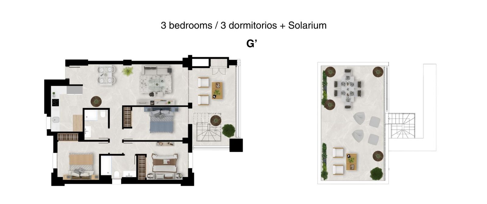 Floor plan showing apartment layout with terrace and solarium for a 2-bedroom apartment in Las Lagunas de Mijas - The Estates