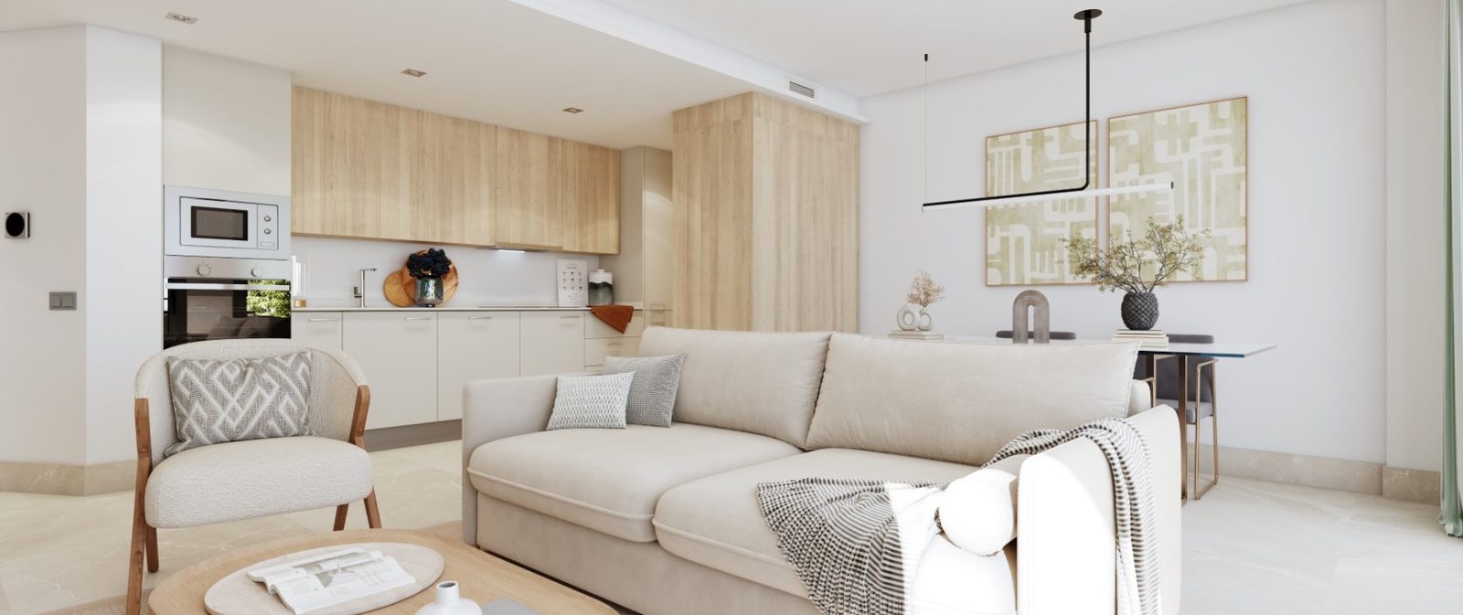 Bright open-plan living room and kitchen with neutral furnishings, dining area and modern cabinetry in a 2-bedroom apartment in Las Lagunas de Mijas - The Estates