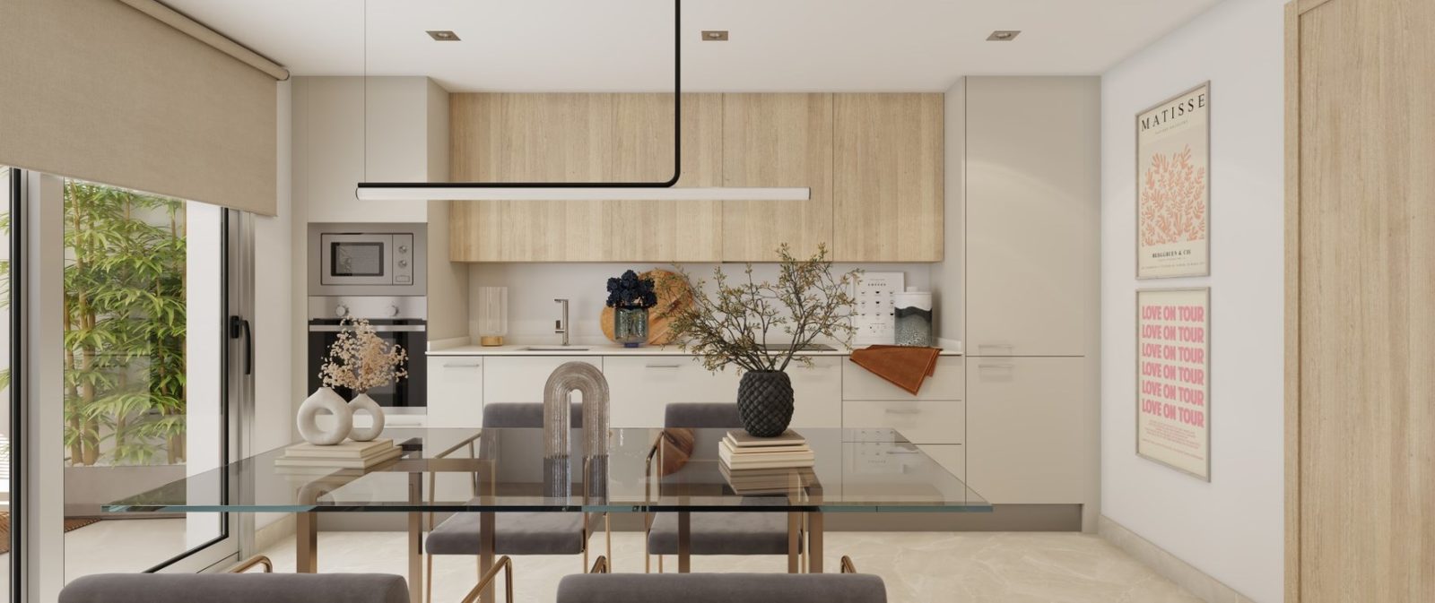 Modern open-plan kitchen and dining area of a 2-bedroom apartment in Las Lagunas de Mijas - The Estates