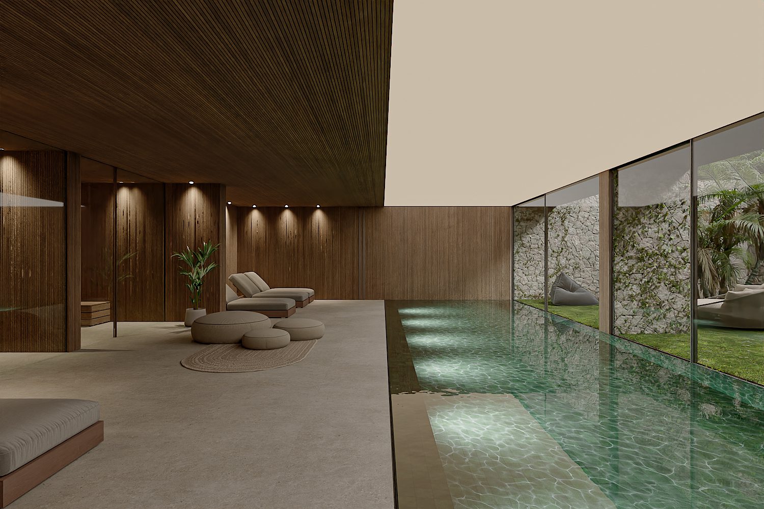 A luxurious indoor pool and lounge area with garden views in a 3-bedroom penthouse in Altea - The Estates