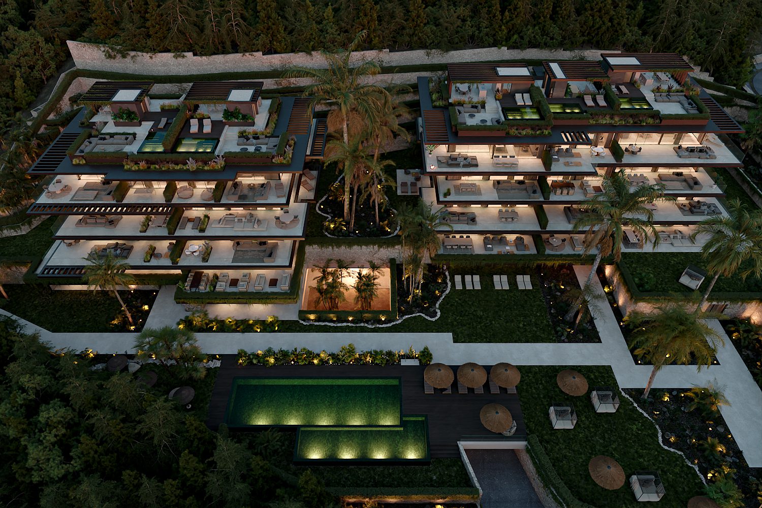 An aerial view of the Porto Senso complex, showcasing the luxurious 3-bedroom penthouse - The Estates