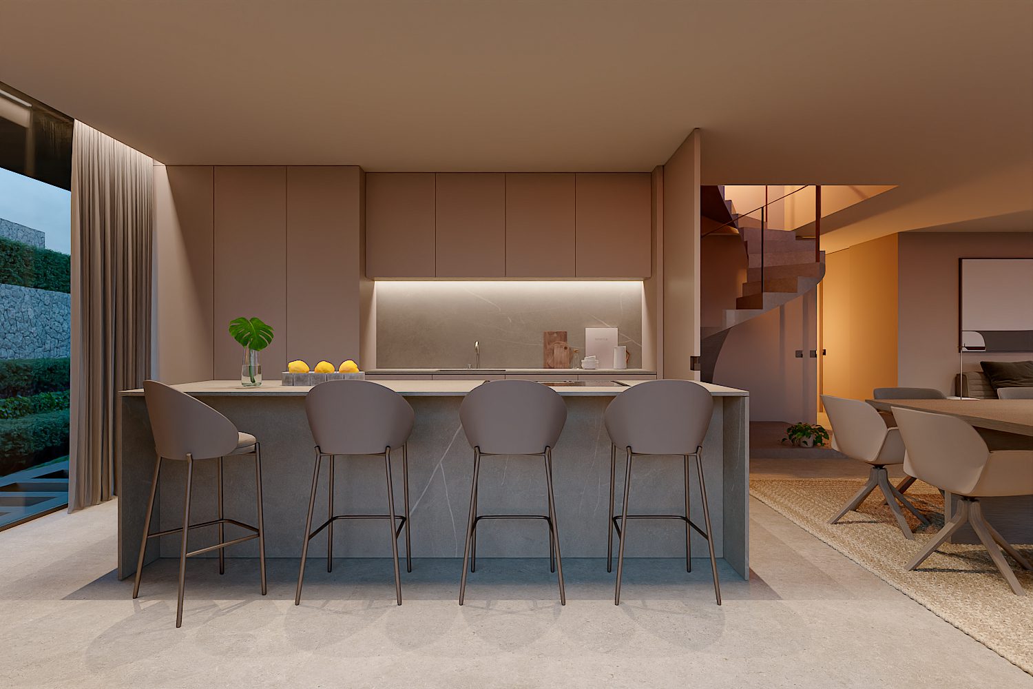 A modern kitchen with an island and seating in a 3-bedroom penthouse in Altea - The Estates