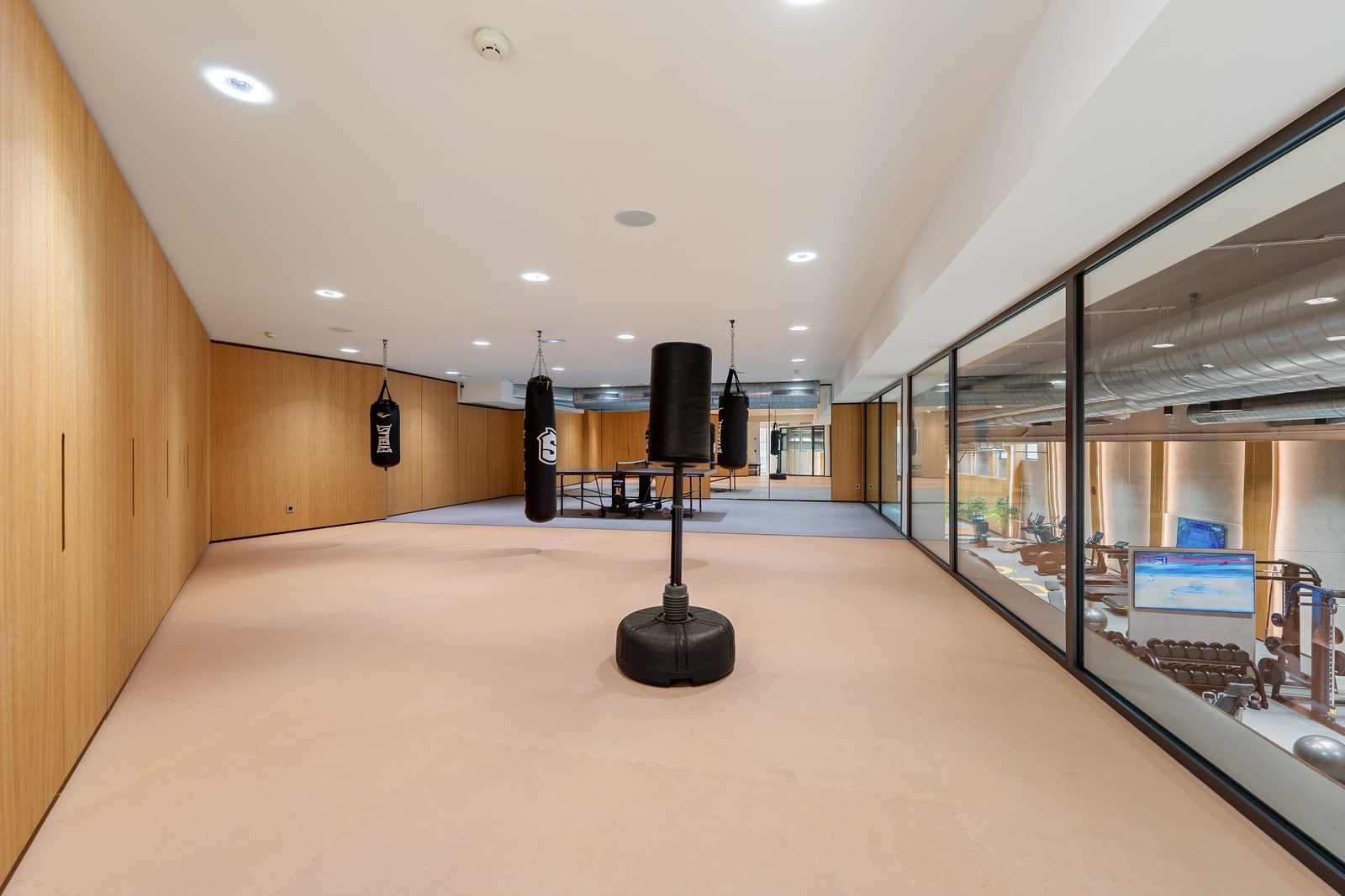 Private boxing gym with punching bags and glass walls in a 4-bedroom penthouse in Málaga - The Estates