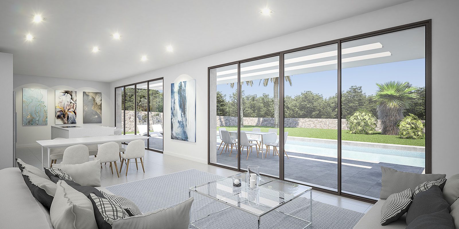 Open-plan living and dining room opening to a pool and landscaped garden of a 4-bedroom villa in Jávea - The Estates