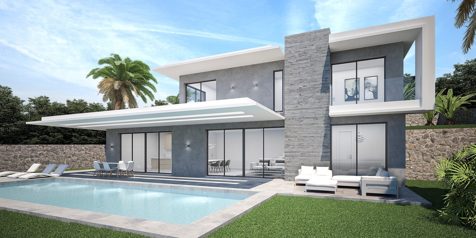 Modern villa exterior with pool, terrace and