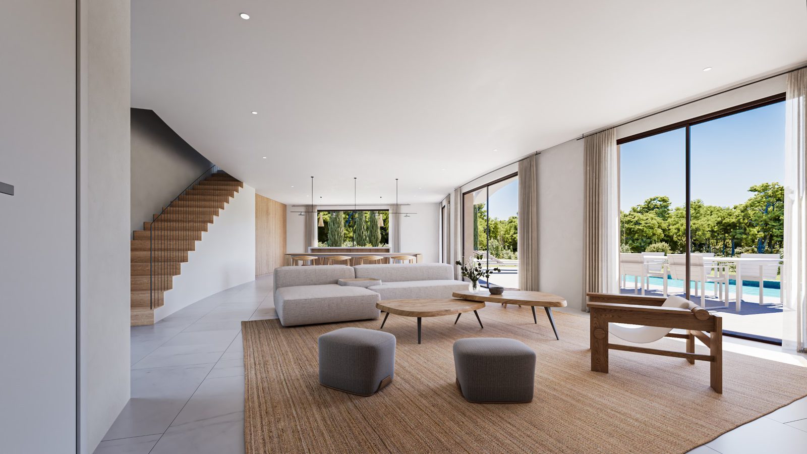 Open-plan living and dining room with pool and garden views of a 4-bedroom villa in Jávea - The Estates