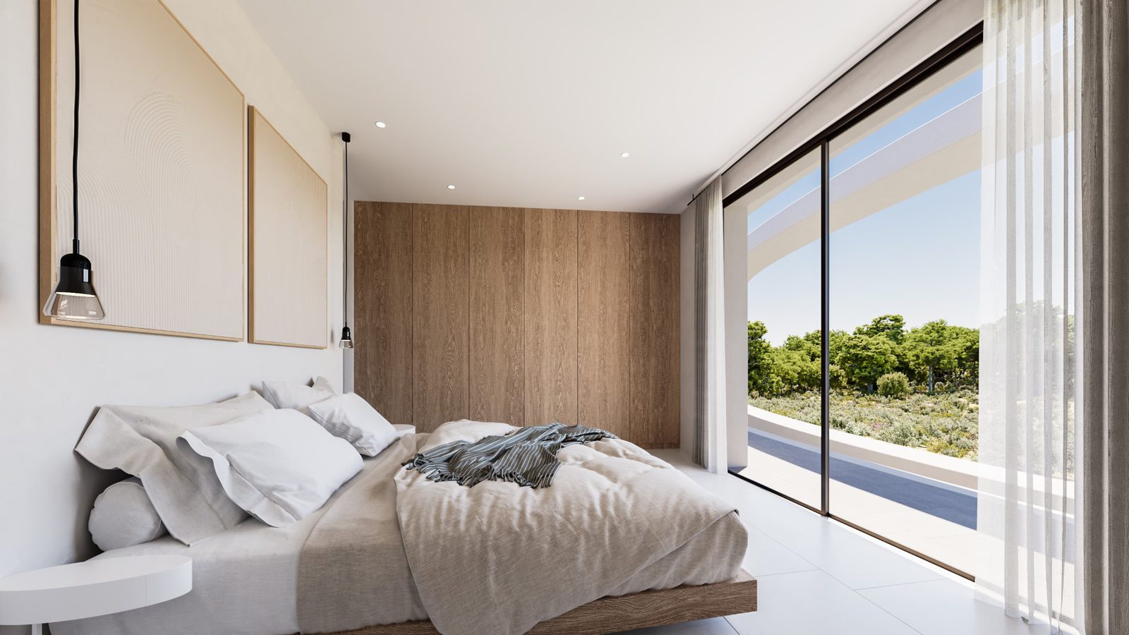 Modern bedroom with garden views and a private terrace in a 4-bedroom villa in Jávea - The Estates