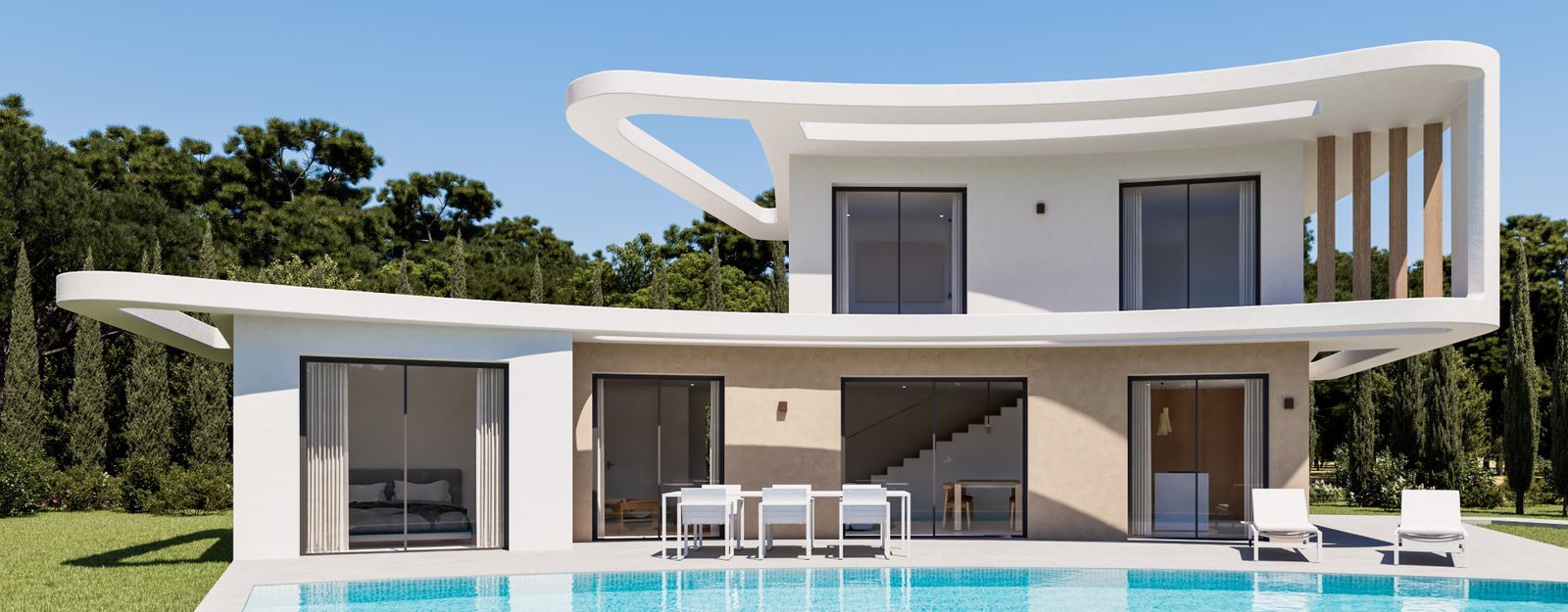 Modern villa facade with pool and garden of a 4-bedroom villa in Jávea - The Estates